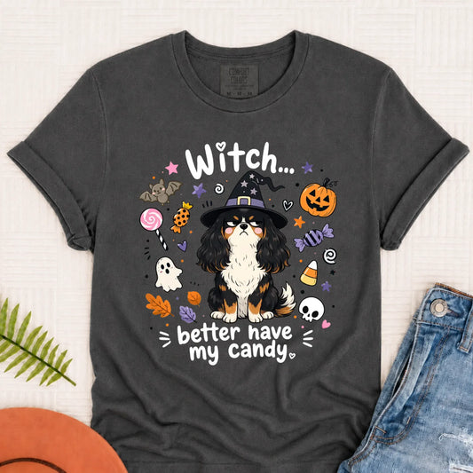Custom Cavalier Halloween Witch Candy Unisex Tshirt Pepper