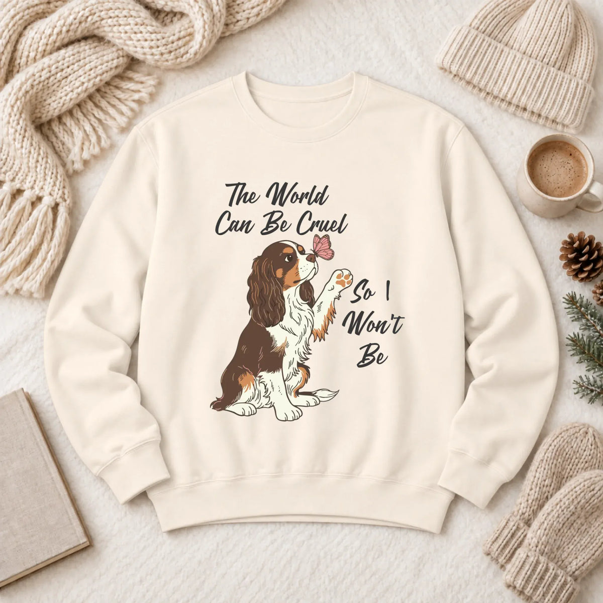 Custom Cavalier Happy Mental Health Unisex Sweatshirt Ivory