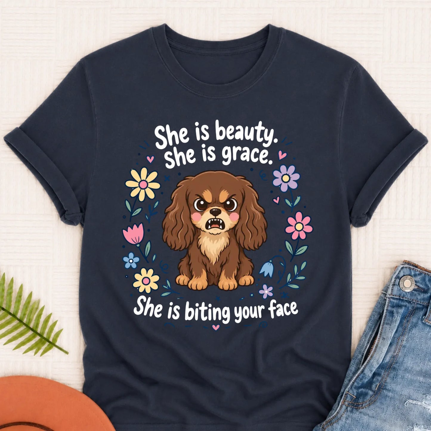 Custom Cavalier King Charles Funny Biting Your Face Unisex TShirt Navy