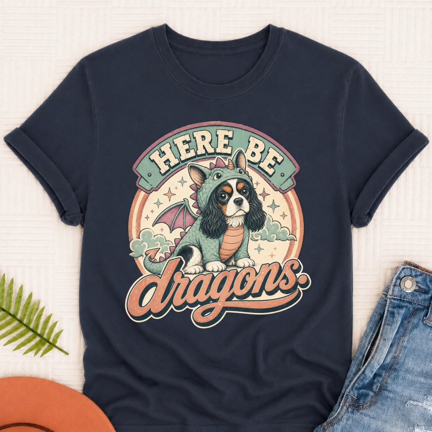 Custom Cavalier King Charles Here Be Dragons Unisex TShirt Navy
