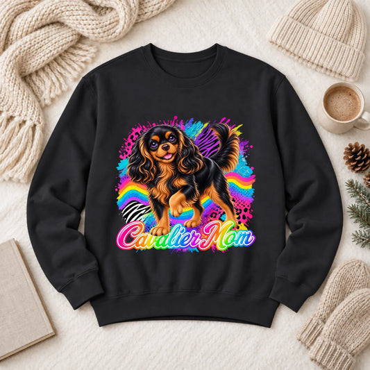 Custom Cavalier Mom Retro Neon Unisex Sweatshirt Black