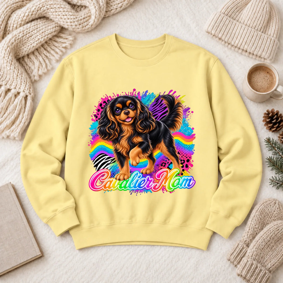 Custom Cavalier Mom Retro Neon Unisex Sweatshirt Butter