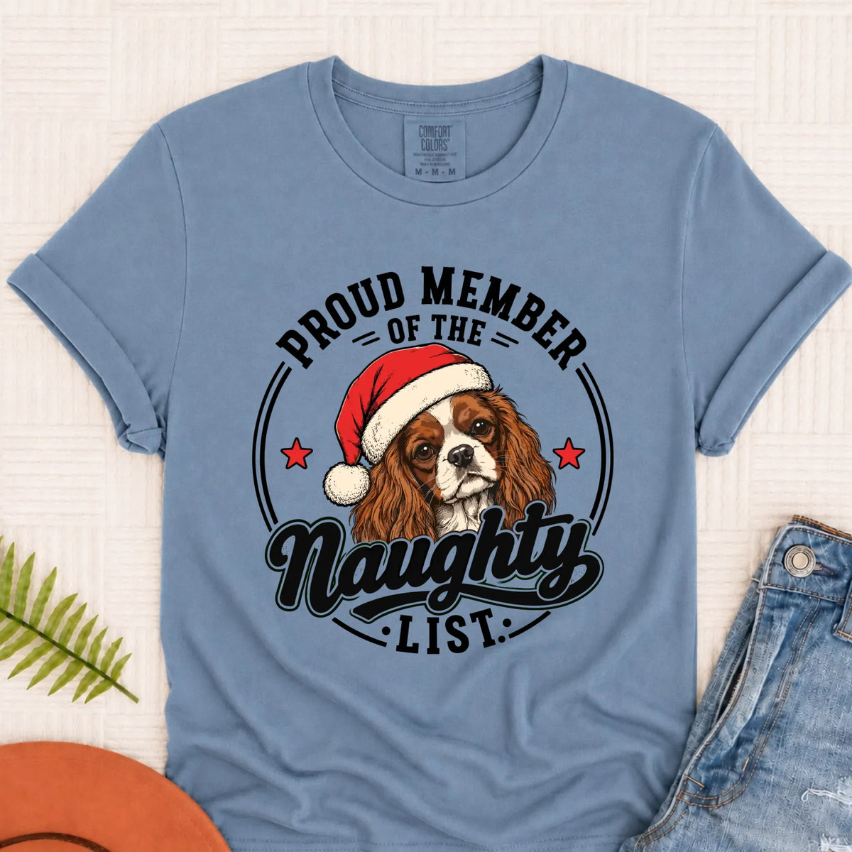 Custom Cavalier Santa Naughty List Unisex Tshirt Blue Jean