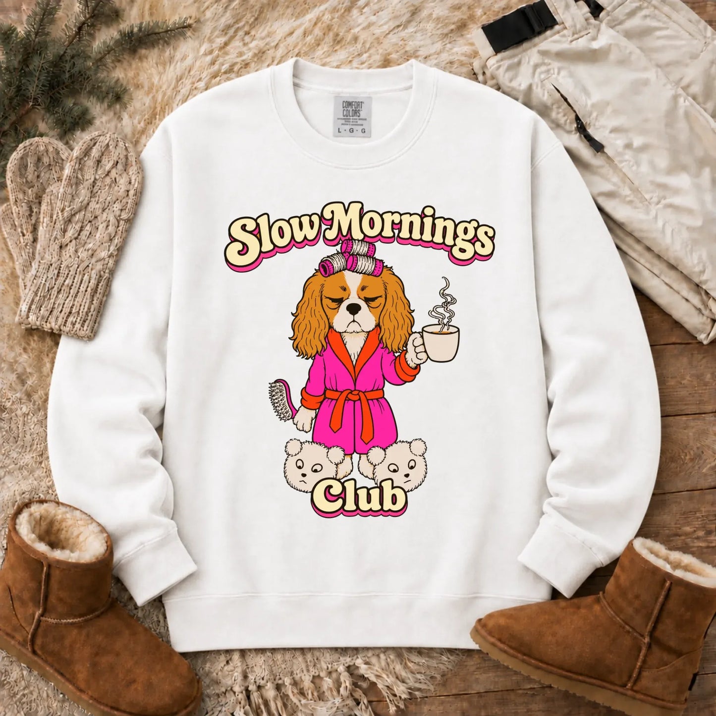 Custom Cavalier Slow Mornings Club Unisex Sweatshirt White