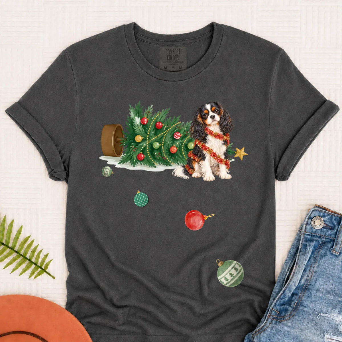 Custom Cavalier Uh Oh Christmas Tree Unisex Tshirt Pepper