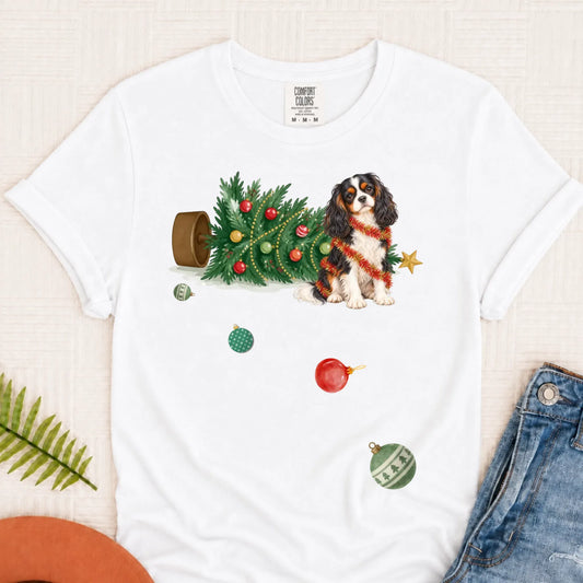 Custom Cavalier Uh Oh Christmas Tree Unisex Tshirt White
