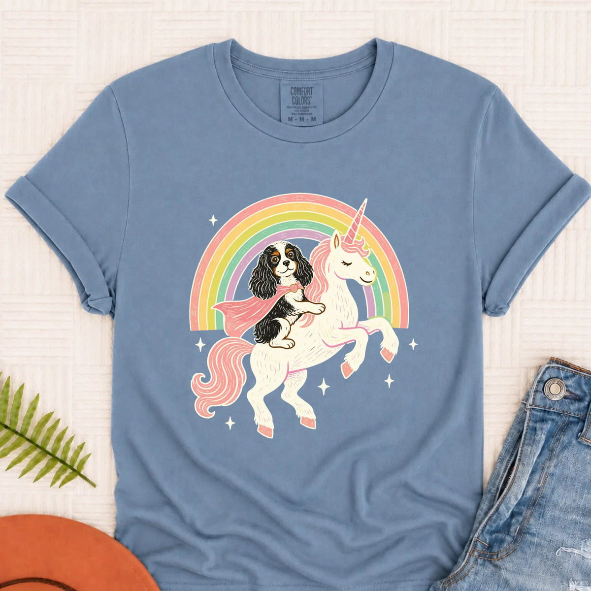 Custom Cavalier Unicorn Rainbow Unisex TShirt Blue Jean