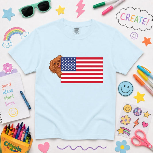Custom Cavalier YOUTH American USA Flag Unisex Tshirt NEW Youth Midweight Tee Chambray