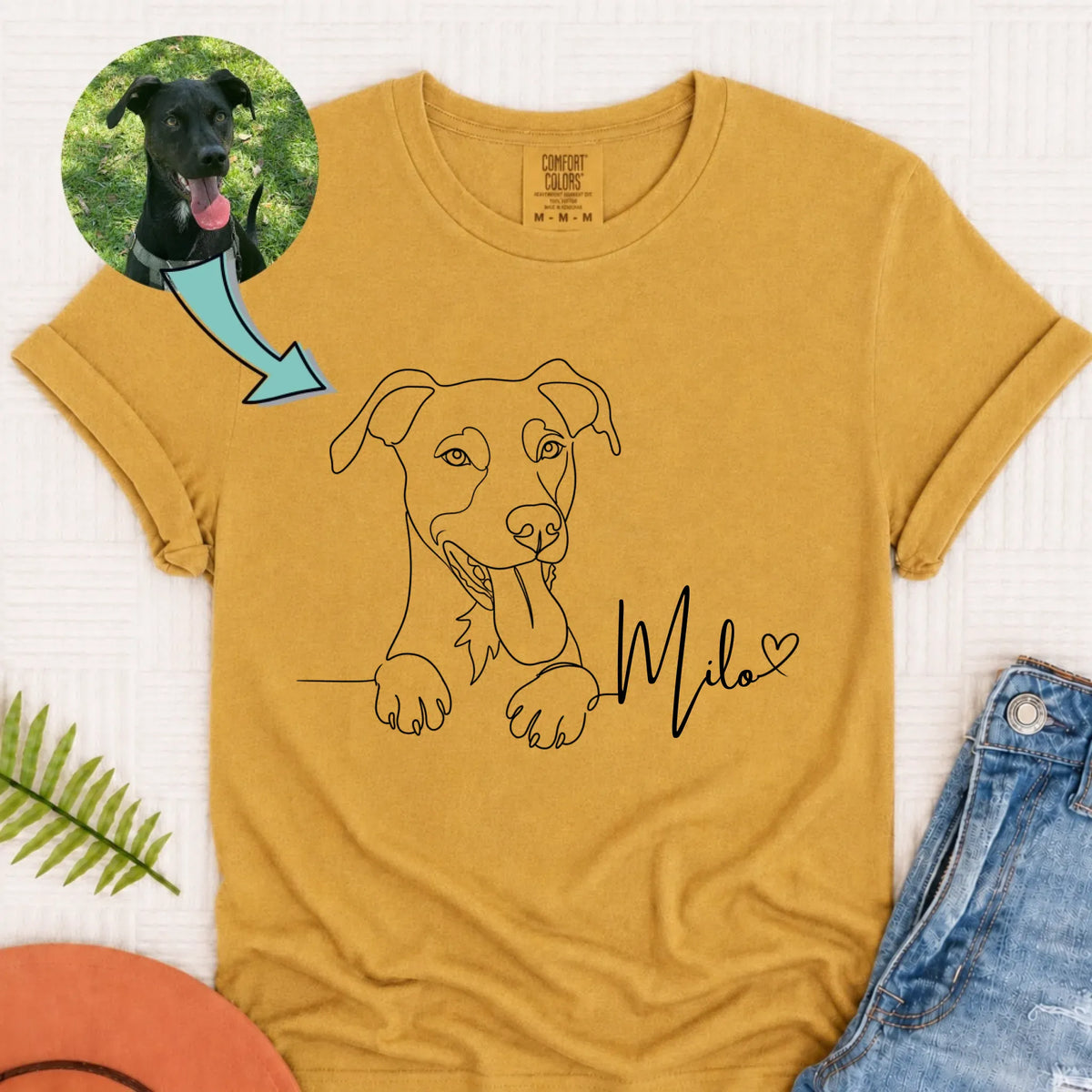Custom Dog and Name Minimalist Unisex Tshirt Mustard
