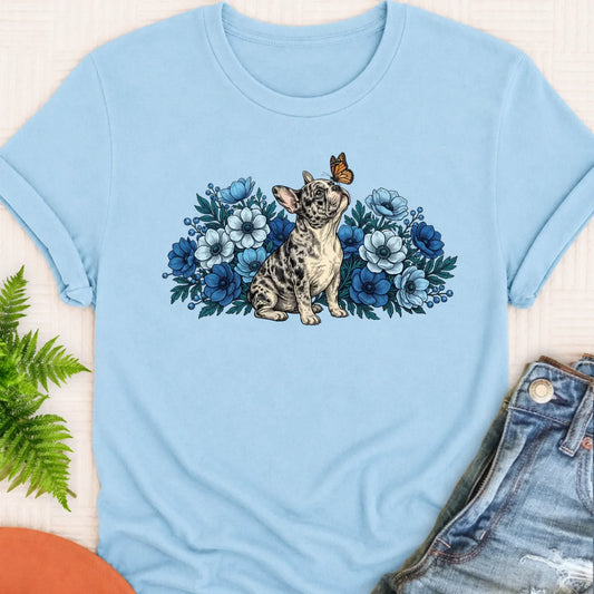 Custom French Bulldog Butterfly Flowers Unisex Tshirt Monster Light 1717 Chambray