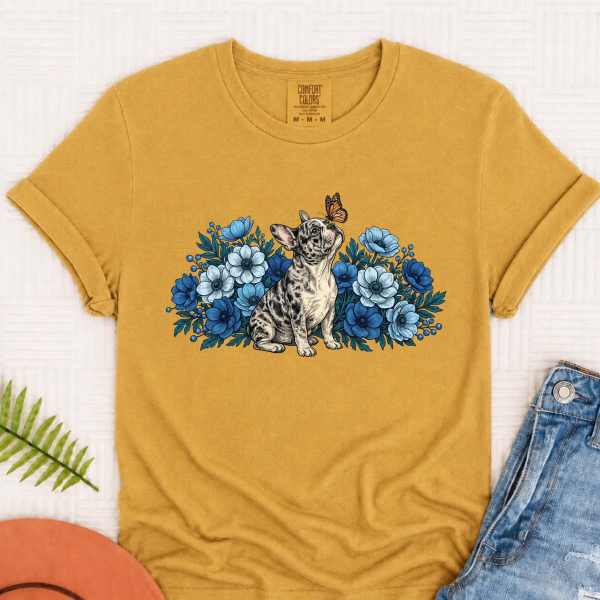 Custom French Bulldog Butterfly Flowers Unisex Tshirt Mustard