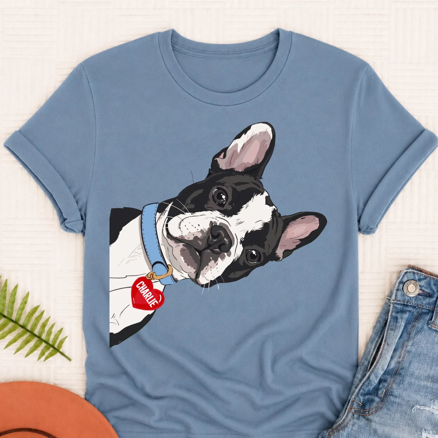 Custom French Bulldog Curious Unisex Tshirt Blue Jean