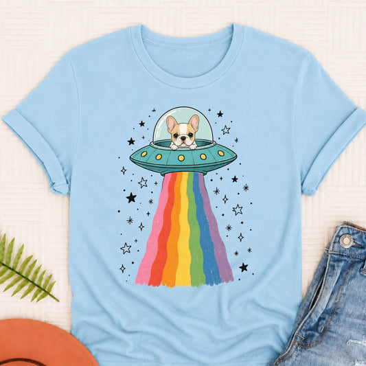 Custom French Bulldog Rainbow UFO Unisex Tshirt Chambray