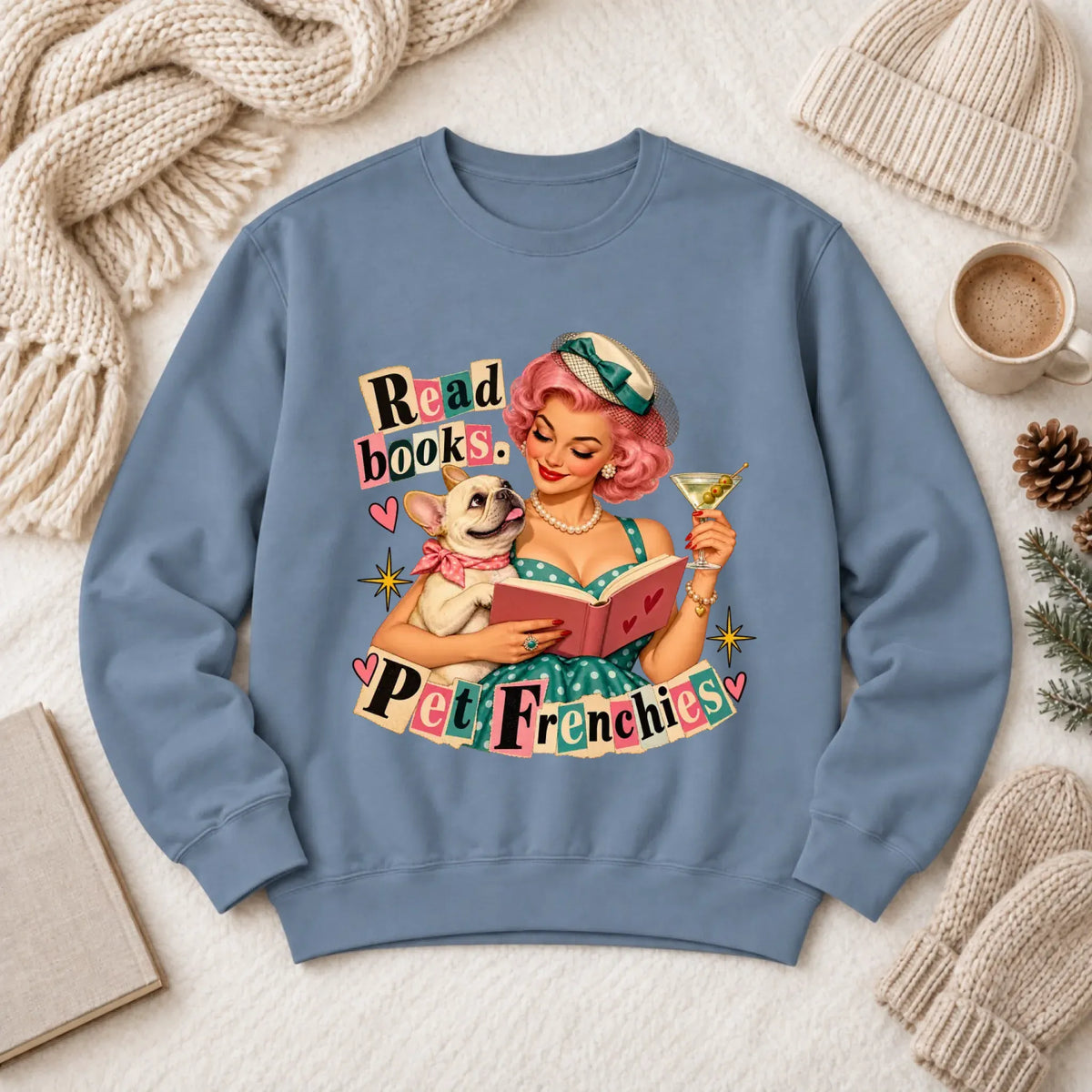 Custom French Bulldog Reading Bookish Unisex Sweatshirt Blue Jean