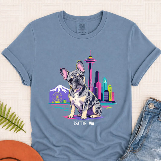 Custom French Bulldog Seattle Travel Unisex Tshirt Blue Jean