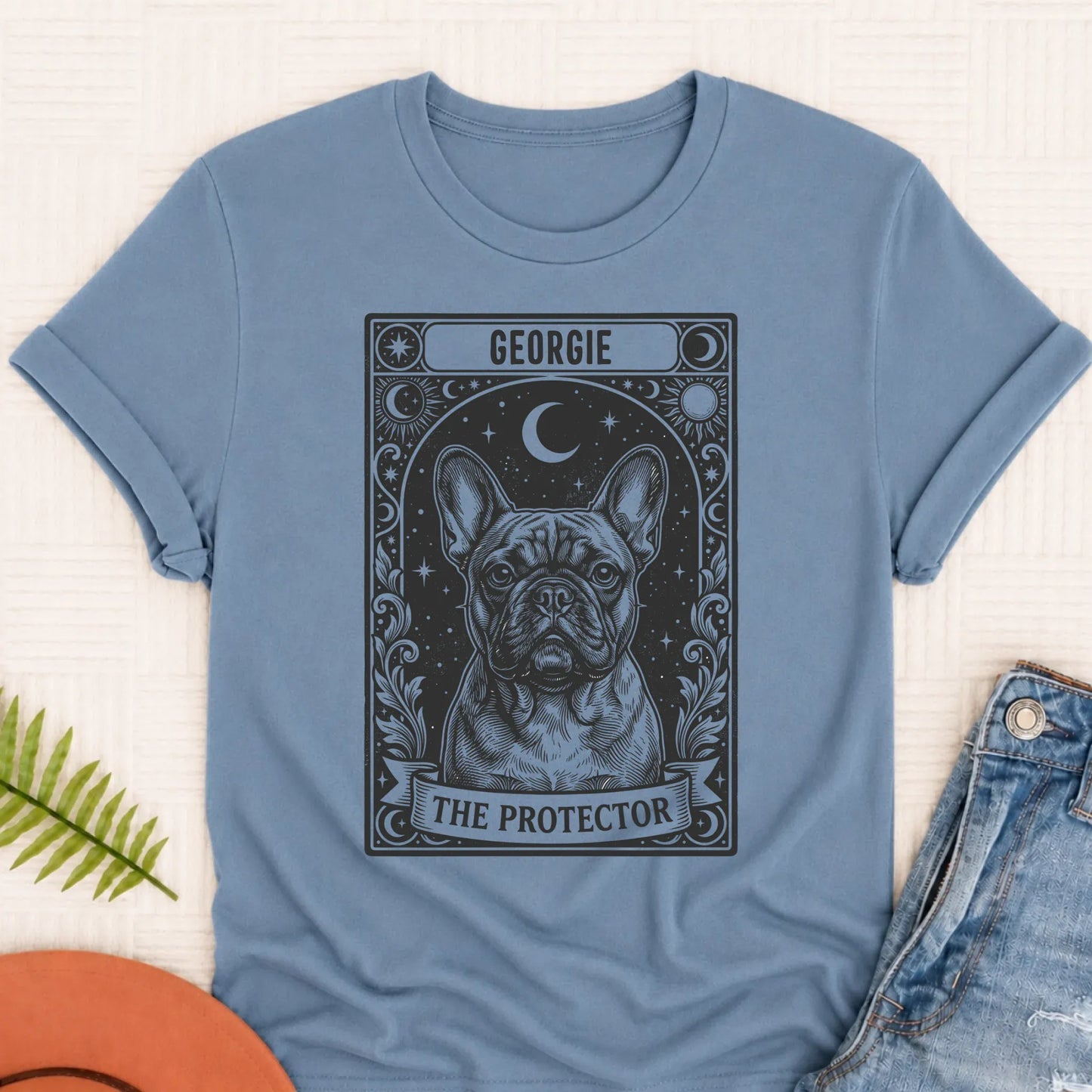 Custom French Bulldog Tarot Protector Unisex Tshirt Blue Jean