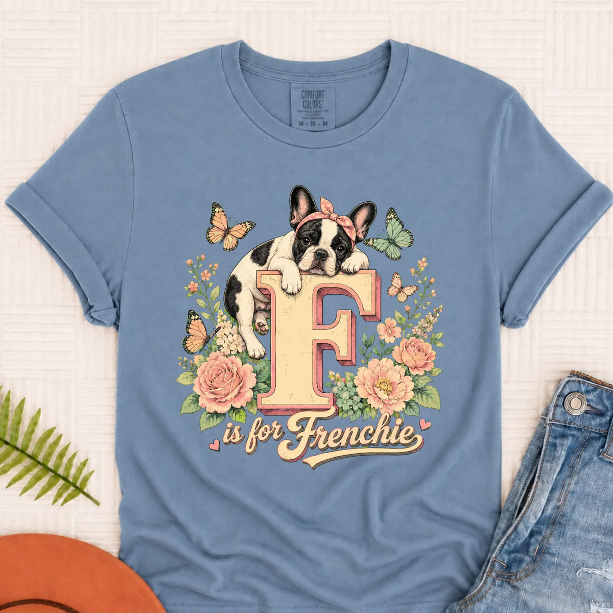 Custom Frenchie Alphabet Floral Unisex TShirt Blue Jean