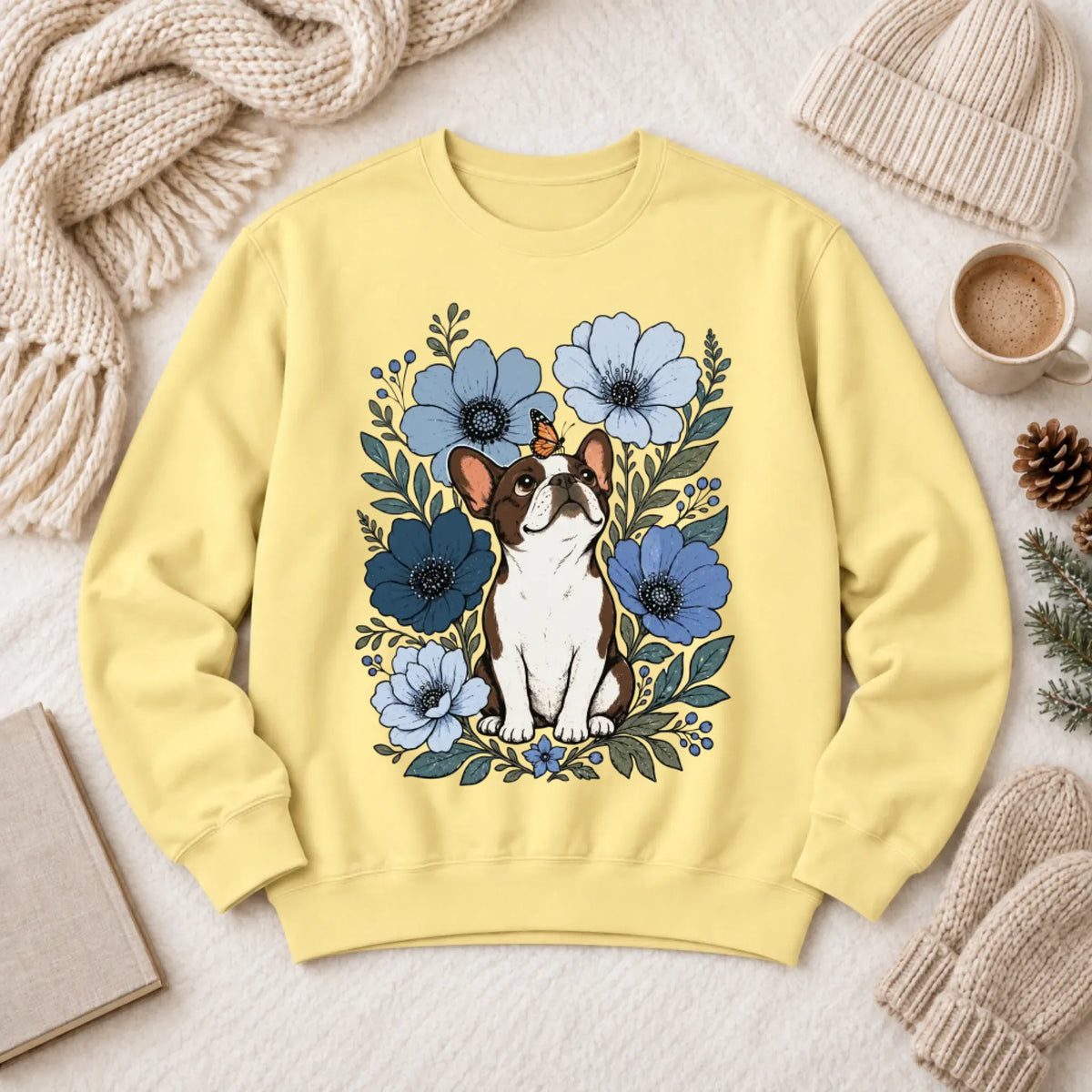 Sweatshirt Butter / S Custom Frenchie Blue Flowers Unisex Sweatshirt