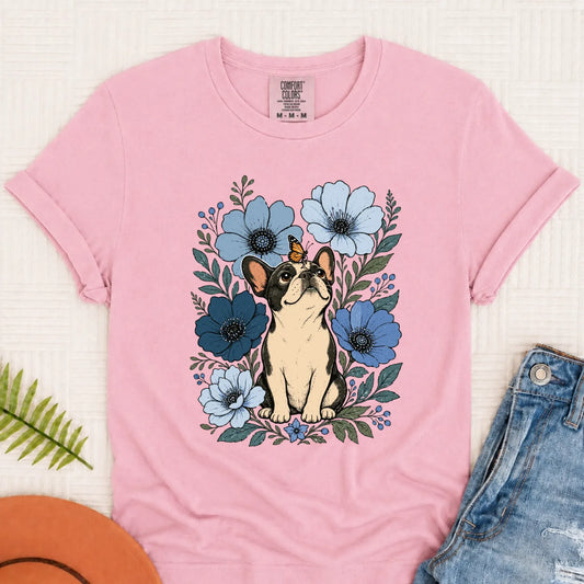 Custom Frenchie Blue Flowers Unisex Tshirt Blossom