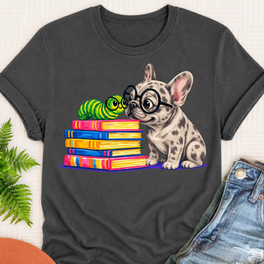 Custom Frenchie Bookworm Teacher Unisex Tshirt Pepper
