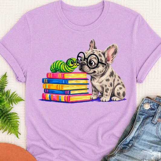 Custom Frenchie Bookworm Teacher Unisex Tshirt Orchid