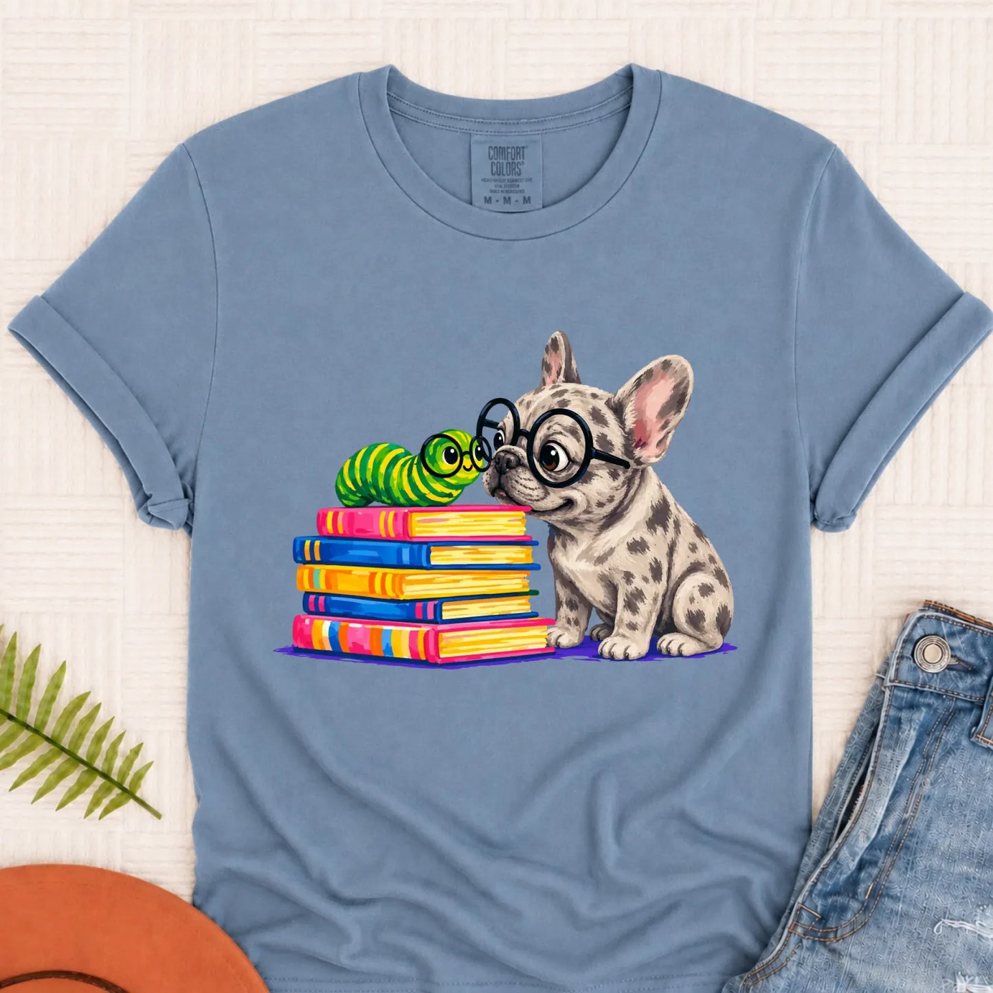 Custom Frenchie Bookworm Teacher Unisex Tshirt Blue Jean