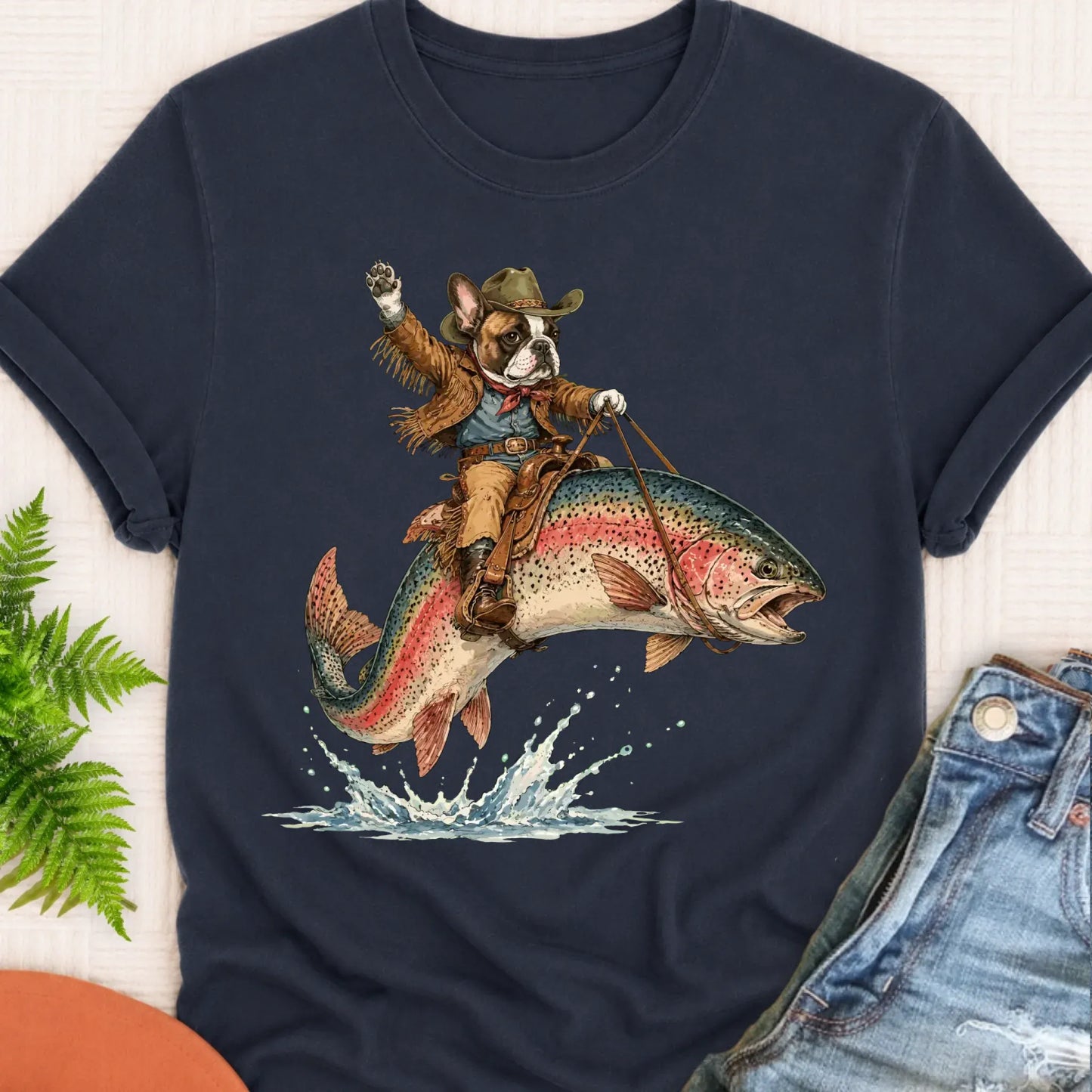 T-Shirt Navy / S Custom Frenchie Bulldog Fishing Unisex Tshirt