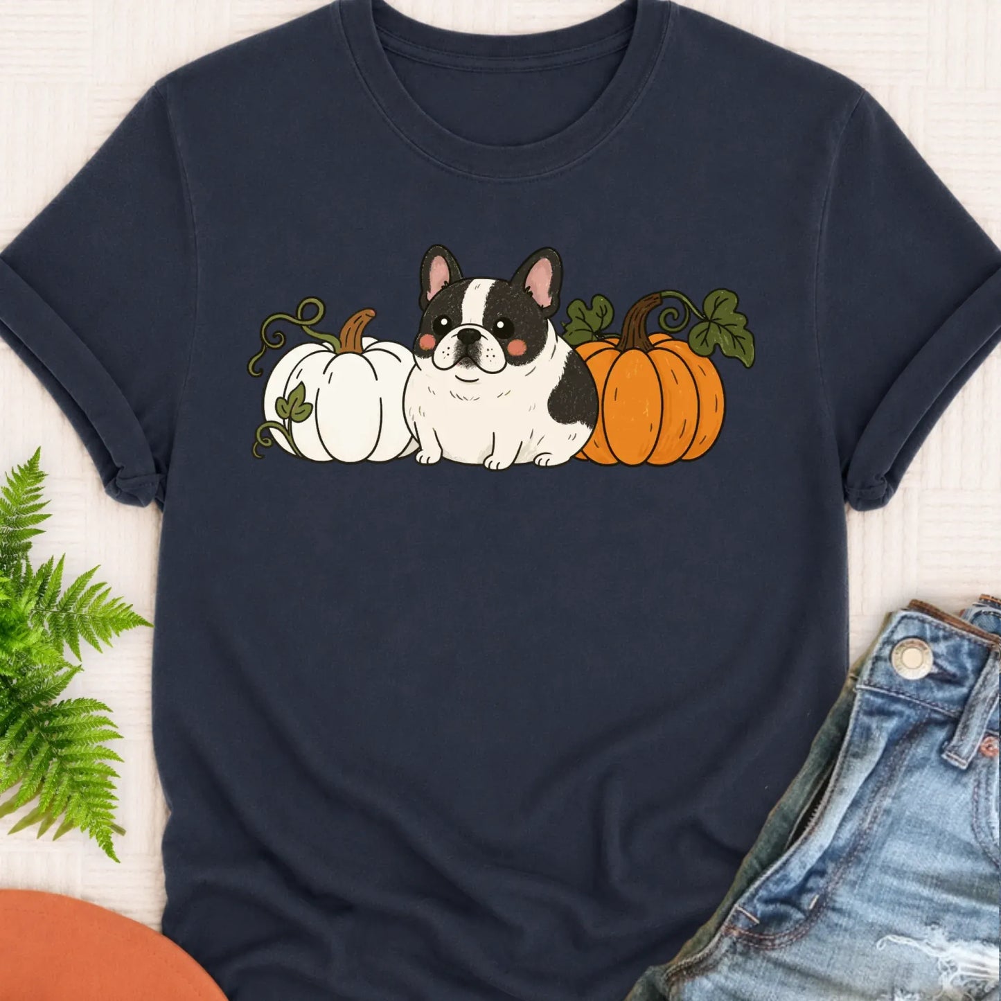 T-Shirt Navy / S Custom Frenchie Bulldog Funny Pumpkin Fall Unisex Tshirt