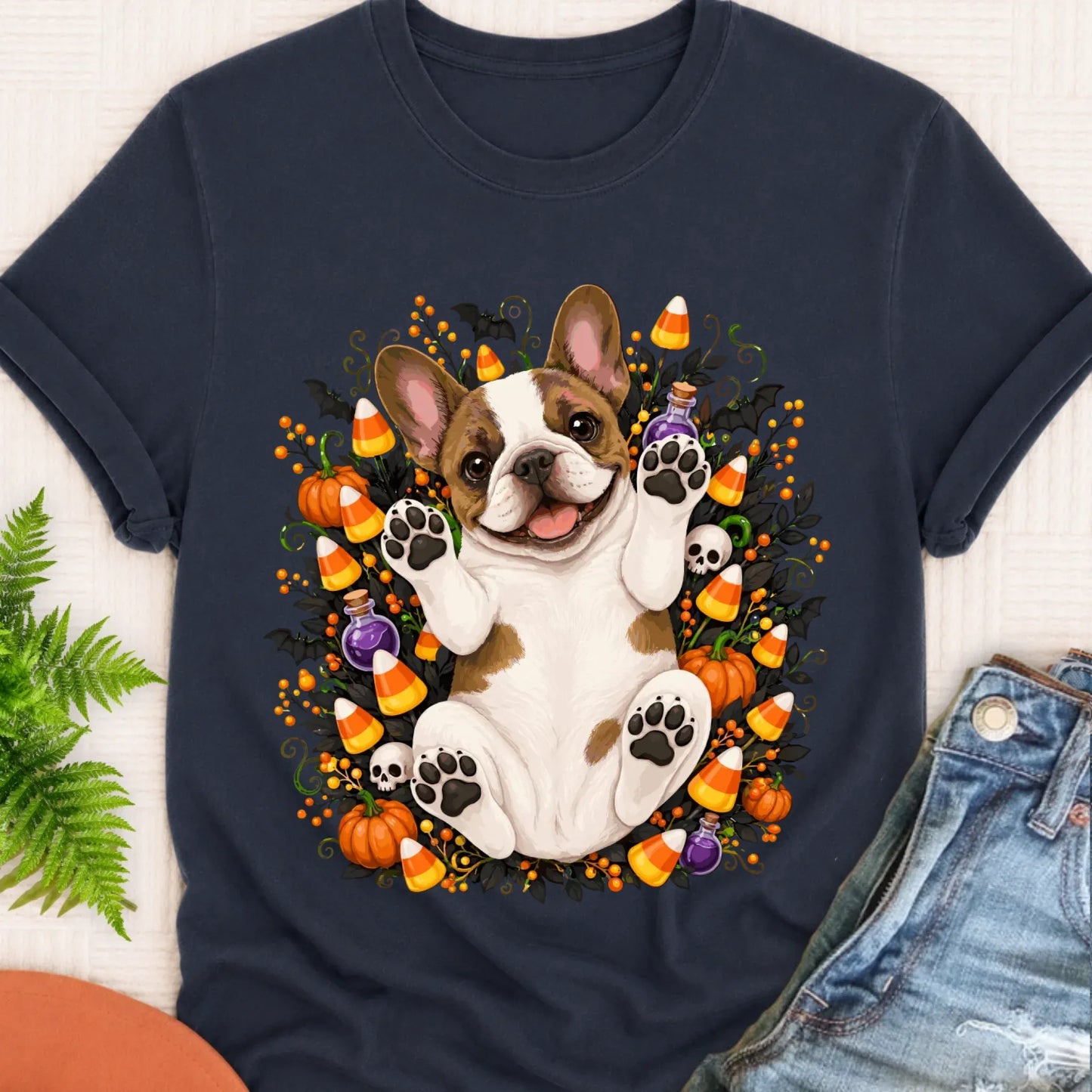 T-Shirt Navy / S Custom Frenchie Bulldog Halloween Cute Unisex Tshirt