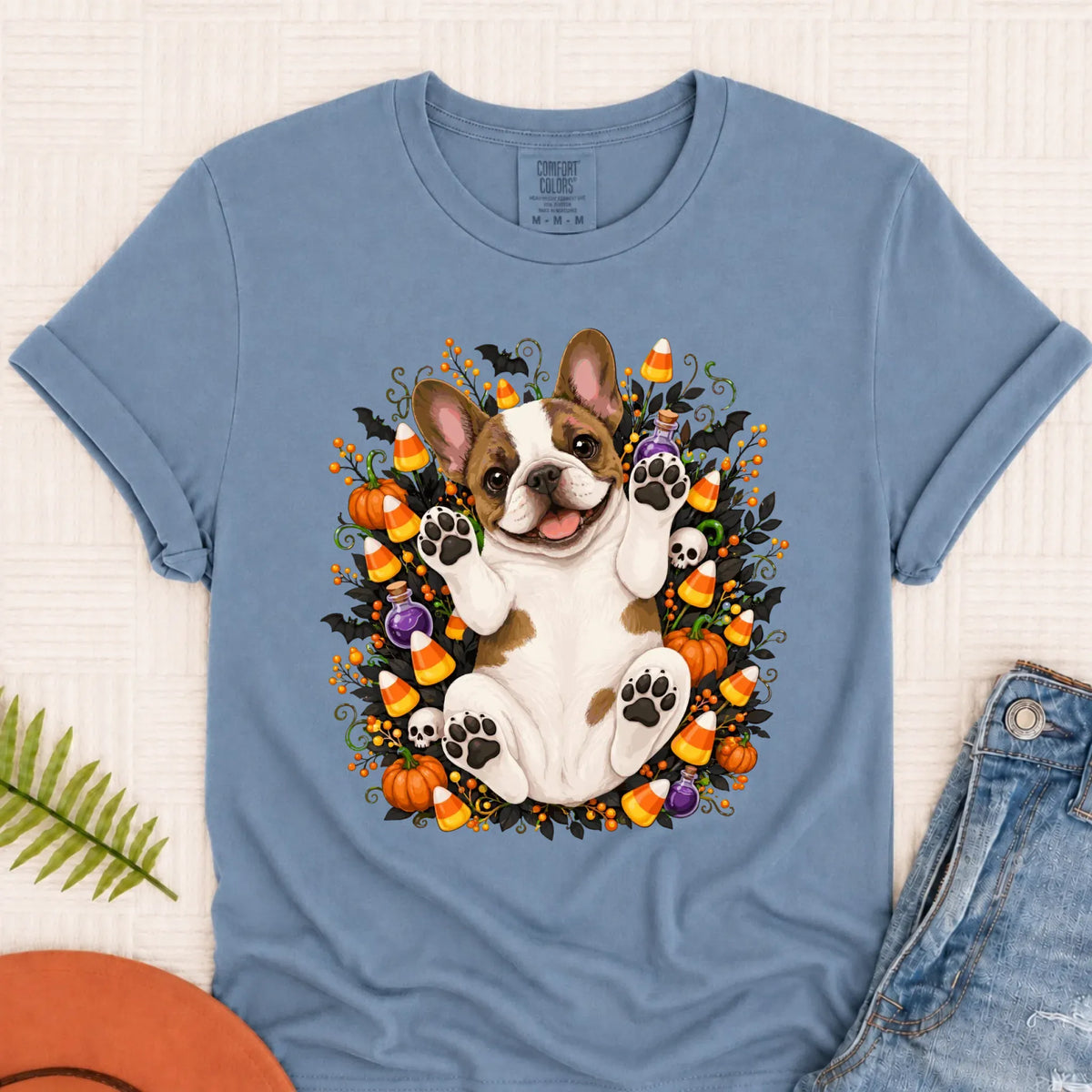 Custom Frenchie Bulldog Halloween Cute Unisex Tshirt Blue Jean