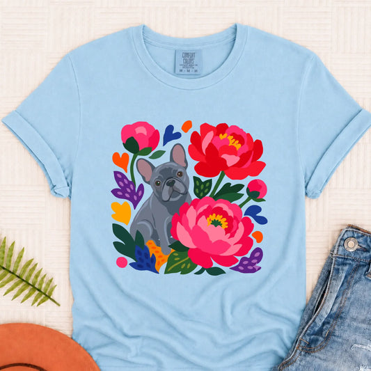Custom Frenchie Bulldog Peonies Garden Unisex Tshirt Chambray