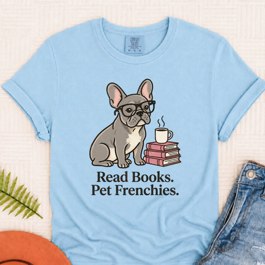 Custom Frenchie Bulldog Read Books Unisex TShirt Chambray