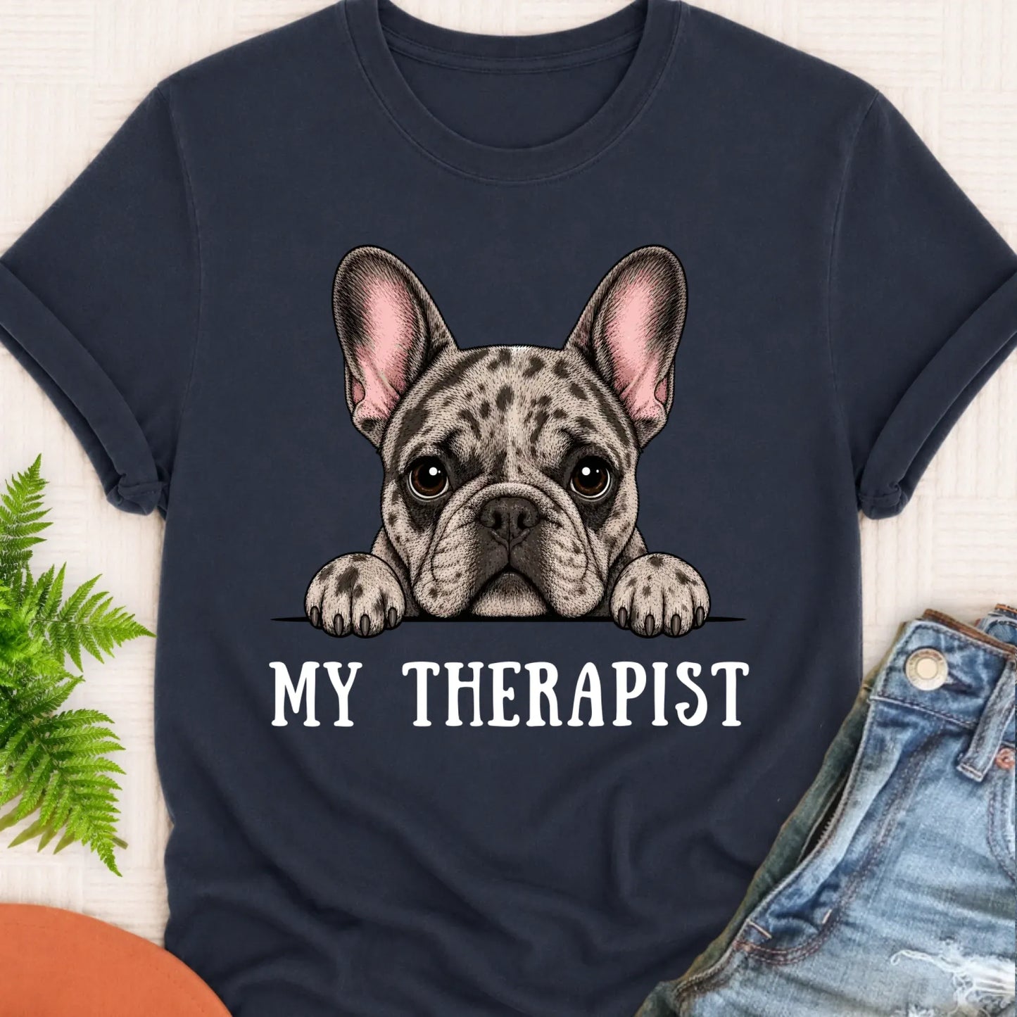 T-Shirt Navy / S Custom Frenchie Bulldog Therapist Unisex Tshirt