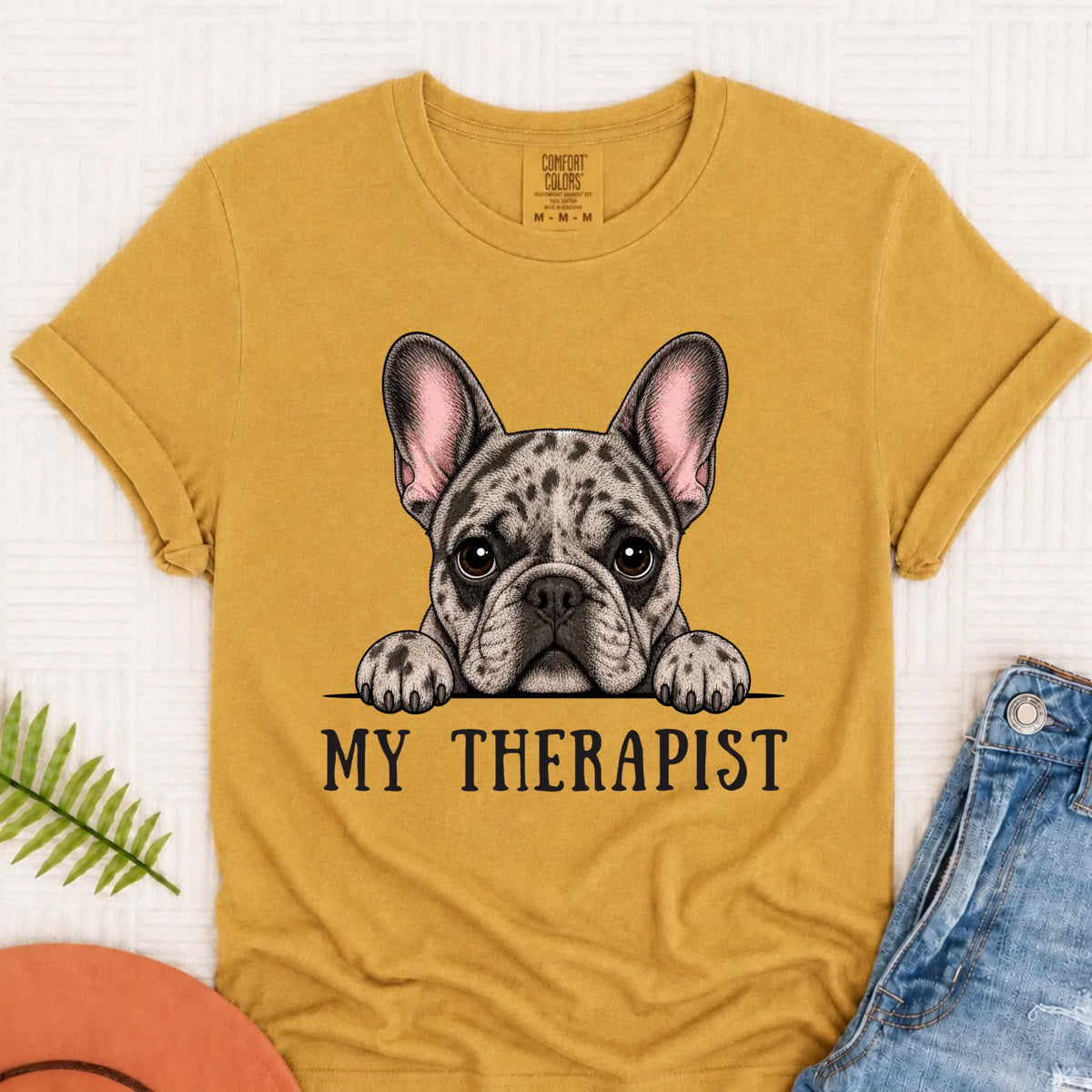 Custom Frenchie Bulldog Therapist Unisex Tshirt Mustard