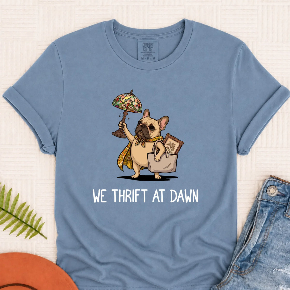 Custom Frenchie Bulldog Thrifting Unisex Tshirt Blue Jean
