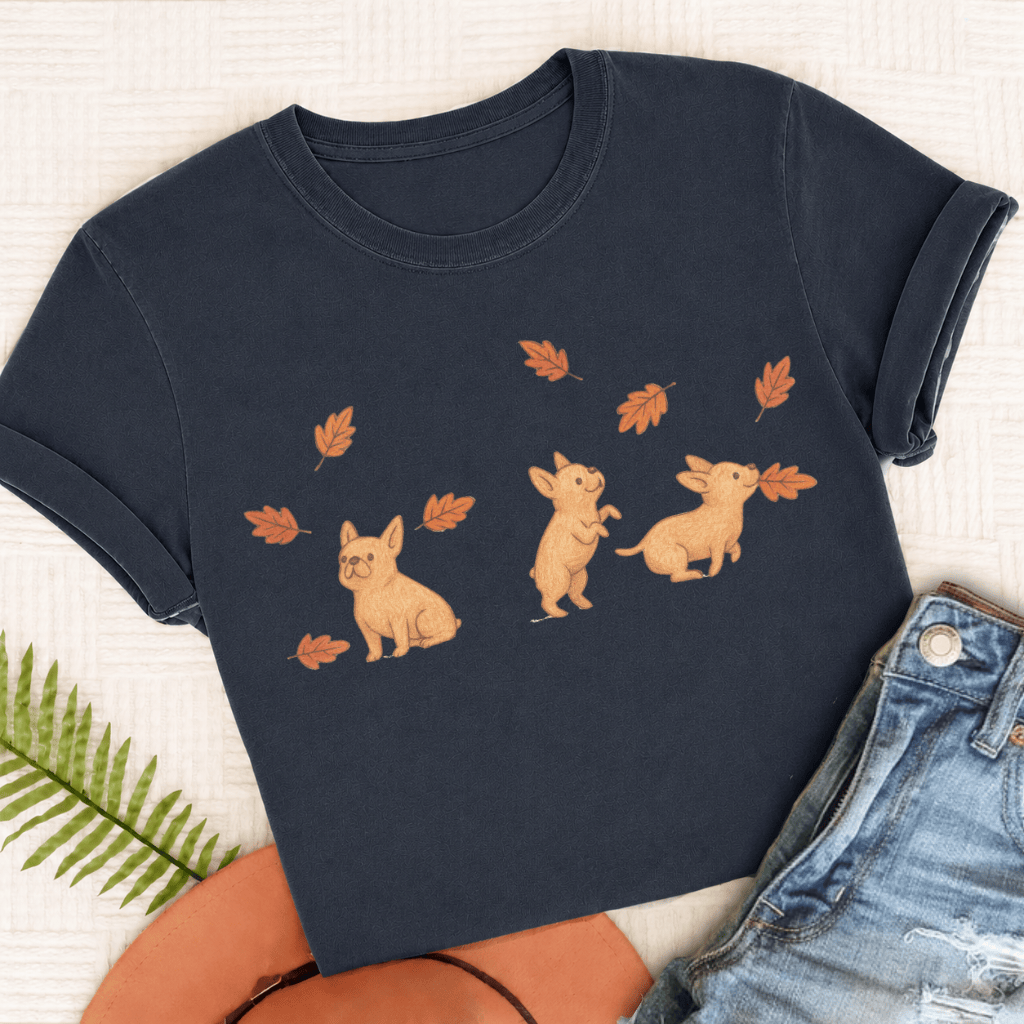 Custom Frenchie Chasing Leaves Unisex TShirt True Navy