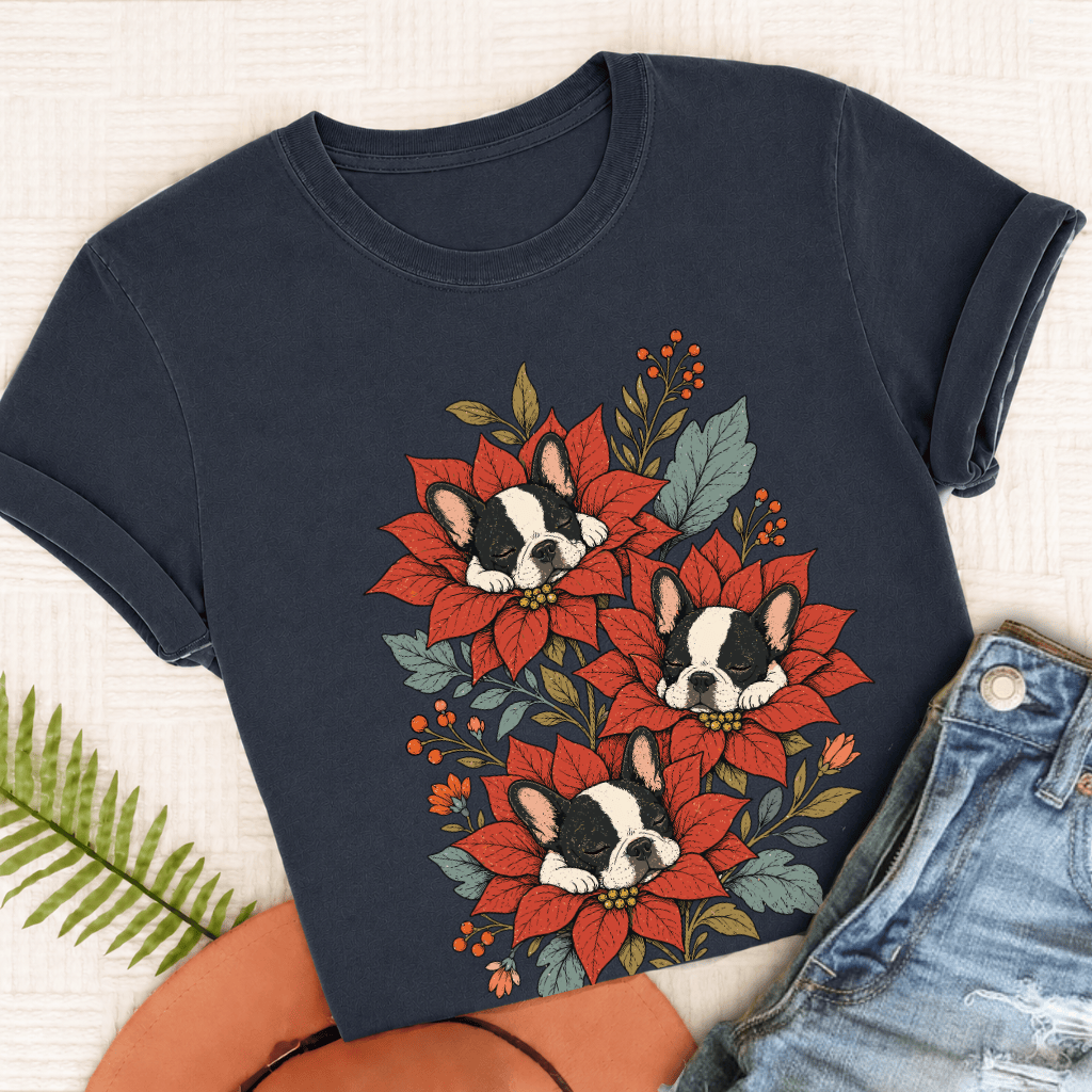 Custom Frenchie Christmas Flowers Sleeping UnisexTShirt True Navy