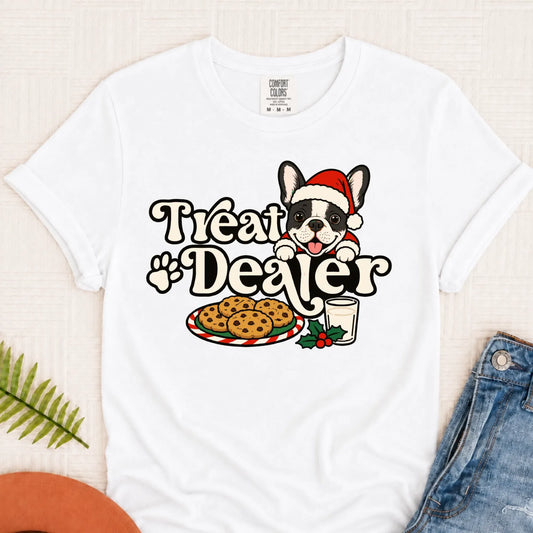 Custom Frenchie Christmas Treat Dealer Unisex Tshirt White