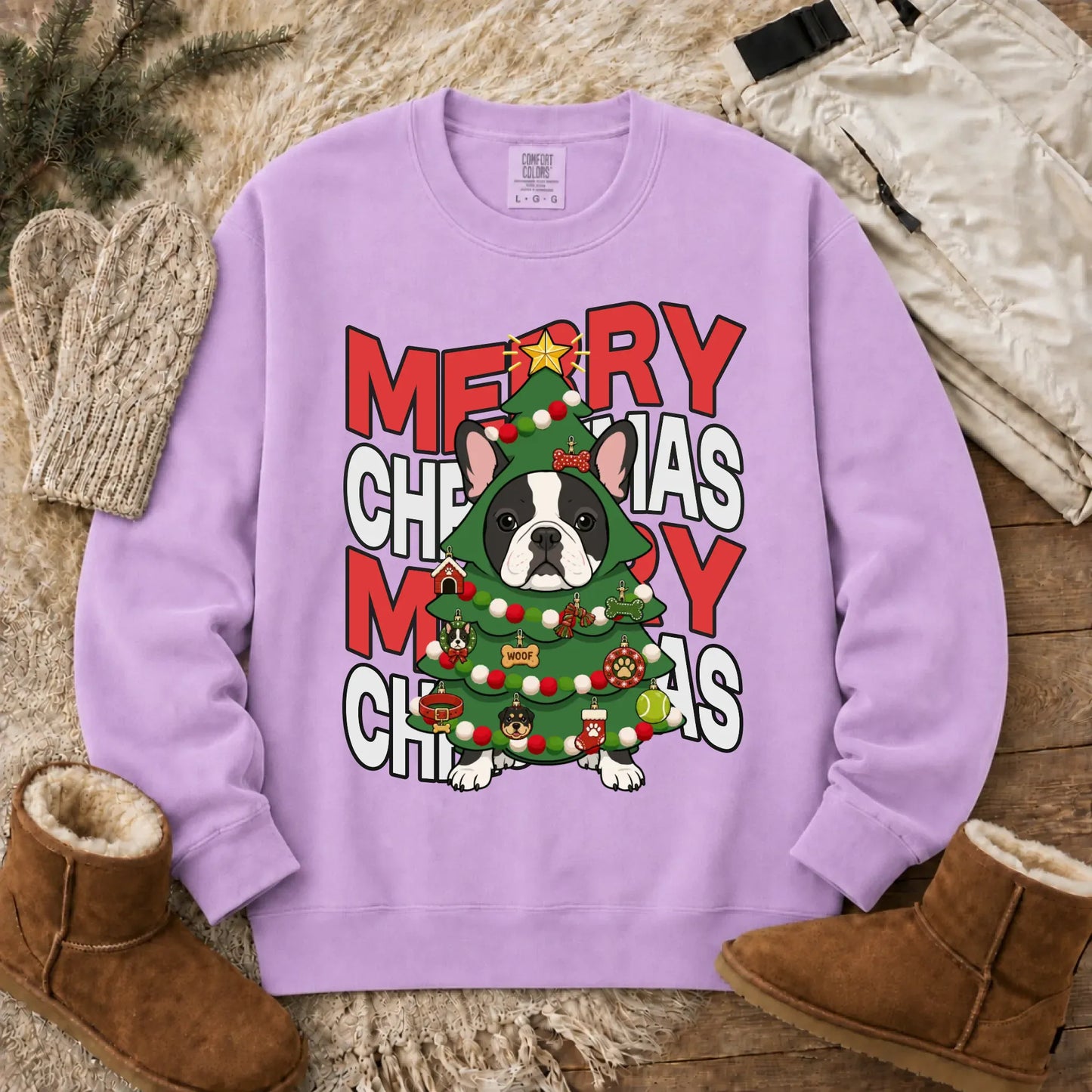 Custom Frenchie Christmas Tree Unisex Sweatshirt Orchid
