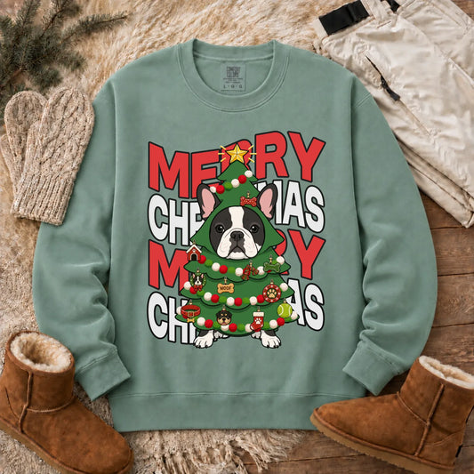 Custom Frenchie Christmas Tree Unisex Sweatshirt Light Green