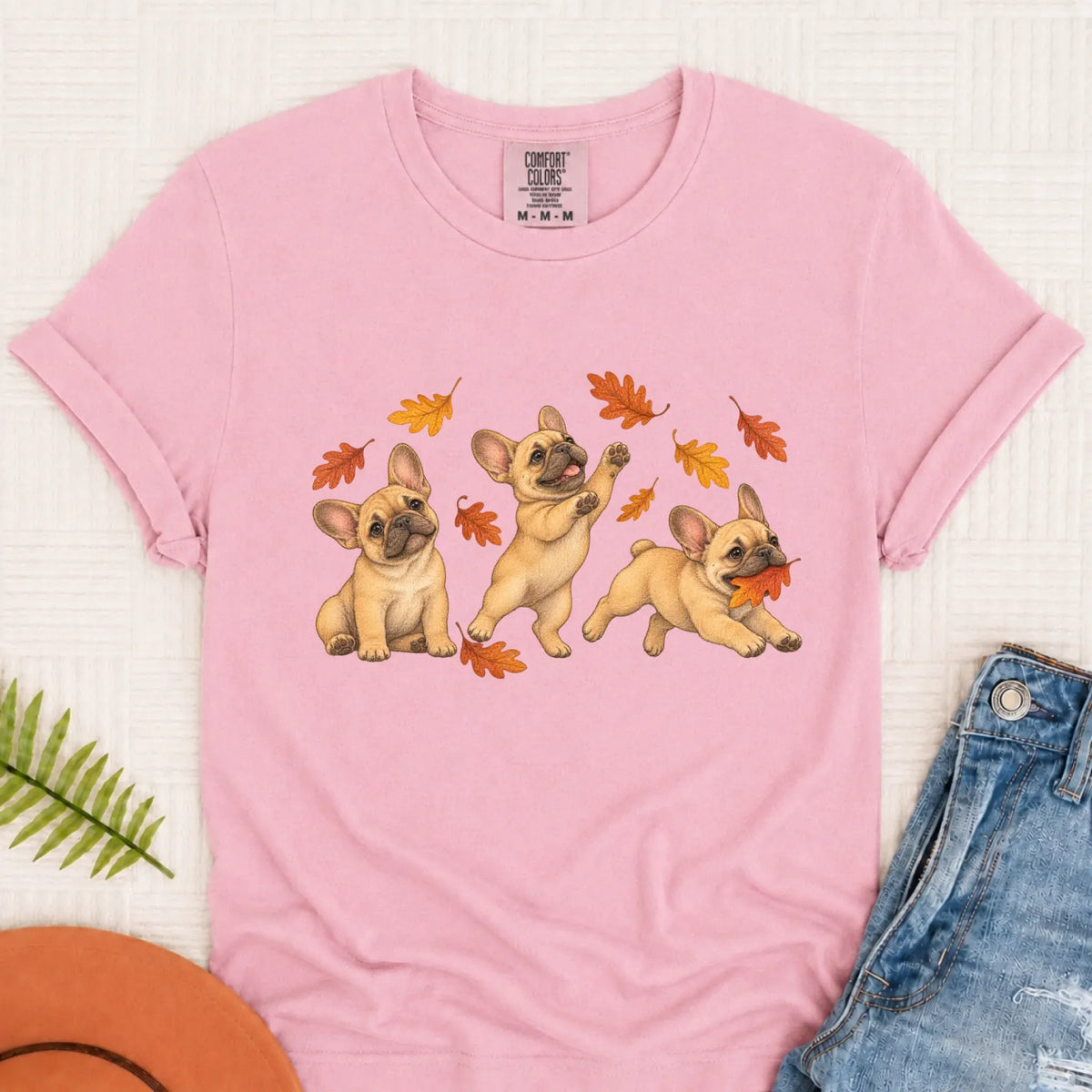 T-Shirt Blossom / S Custom Frenchie Fall Chasing Leaves Unisex TShirt
