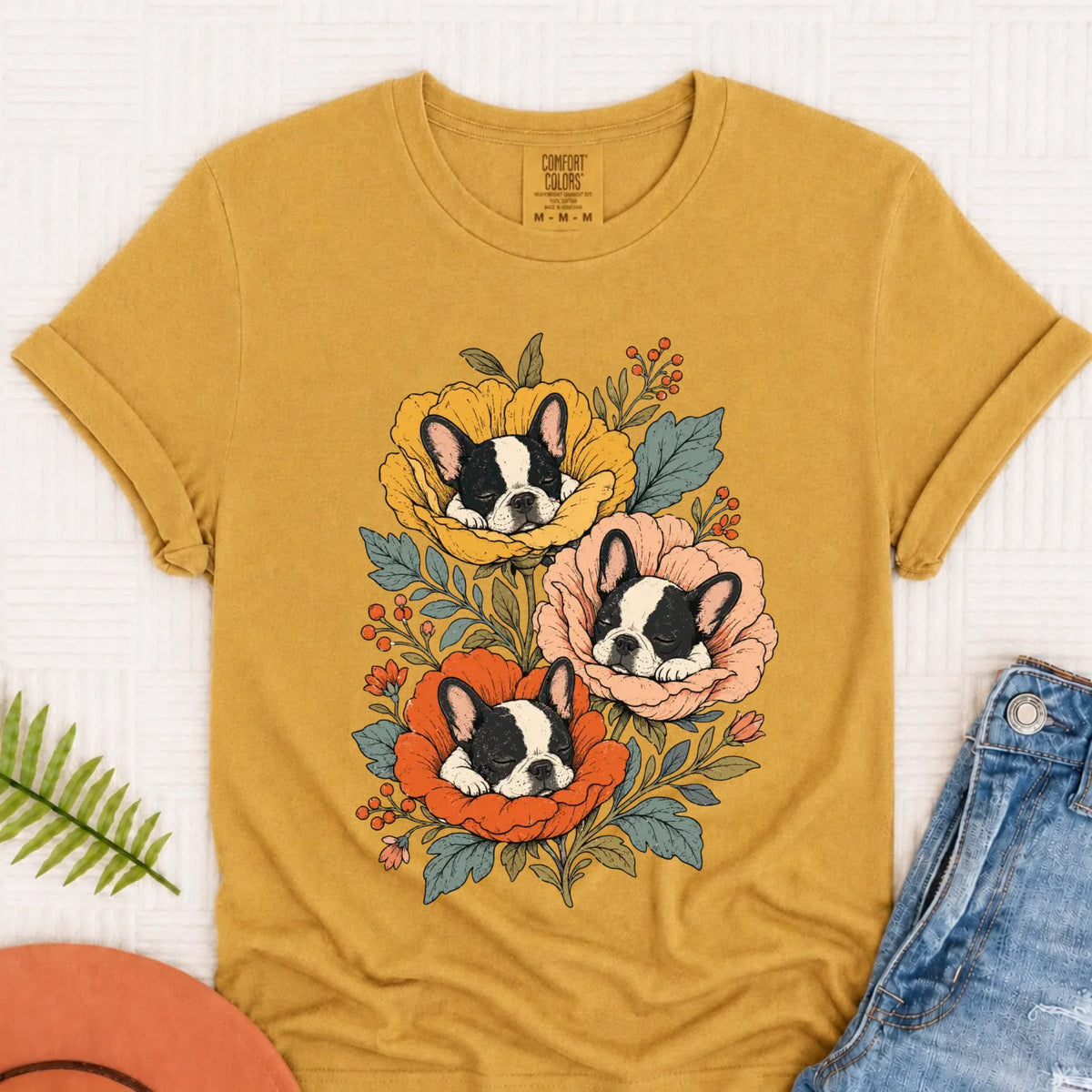 T-Shirt Mustard / S Custom Frenchie Fall Sleeping Flowers Unisex TShirt