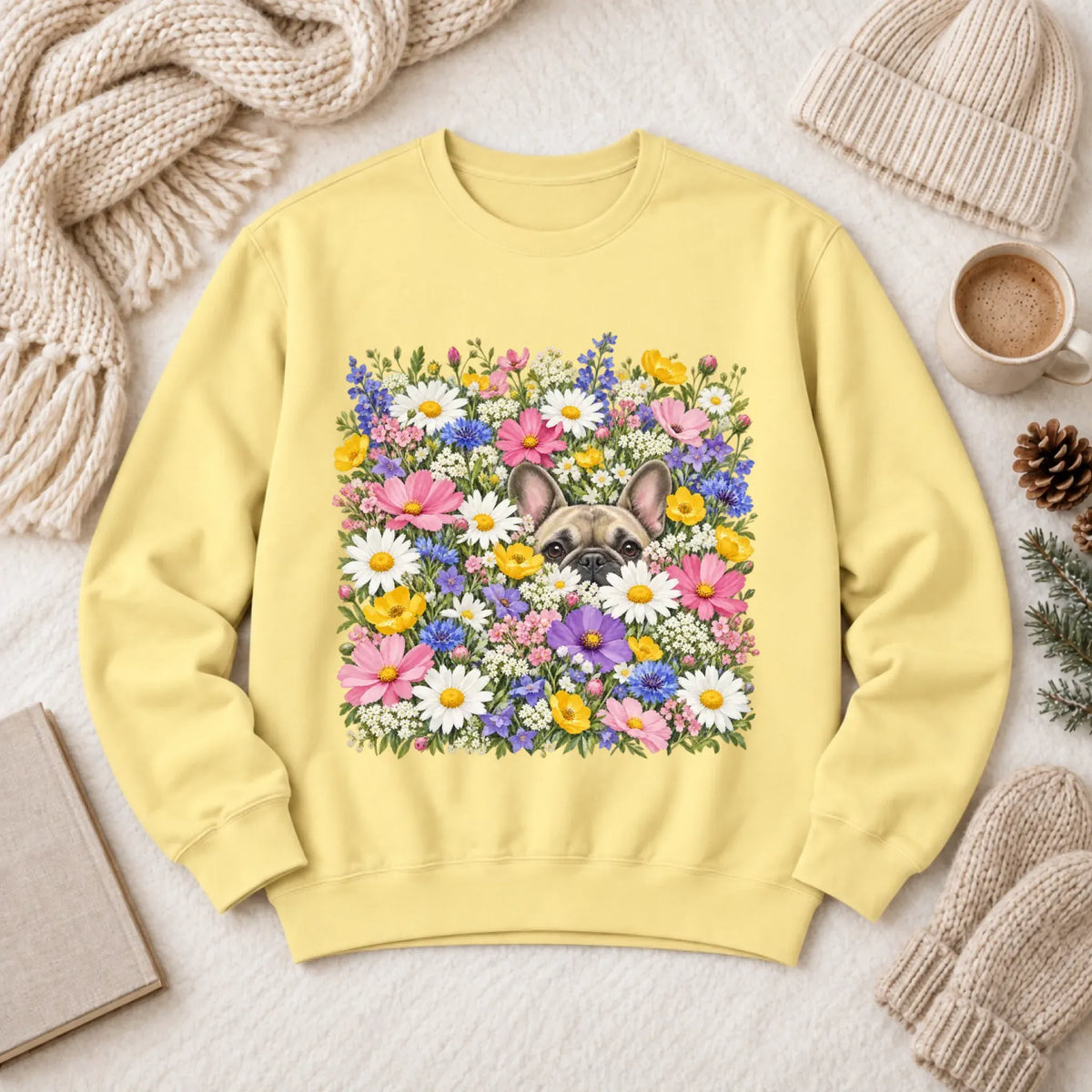 Customizer 1466 LW Sweatshirt Light / Butter / S Custom Frenchie Field of Flowers Unisex Sweatshirt