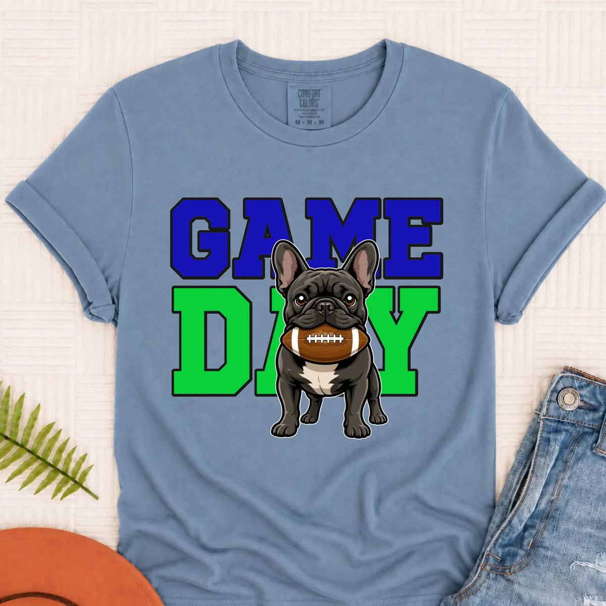 Custom Frenchie Football Game Day Unisex Tshirt Blue Jean