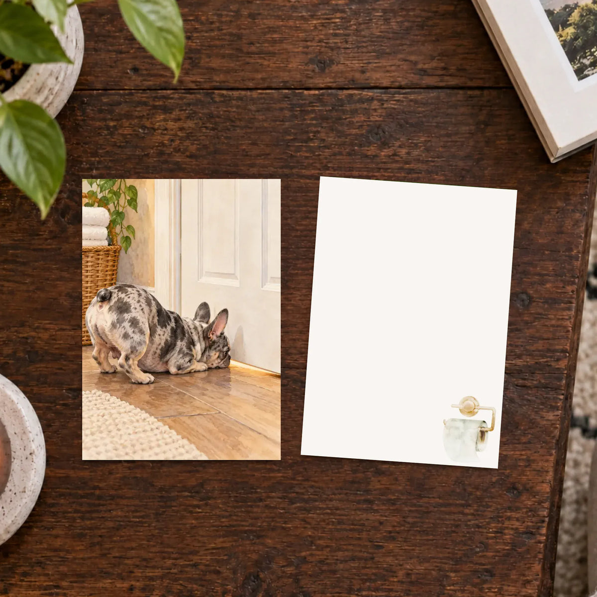 Customizer Flat Greeting Cards (envelopes included) / Default / 5" x 7" (square corner) / Eggshell / 1 pc Custom Frenchie Funny Bathroom Art Greeting Card