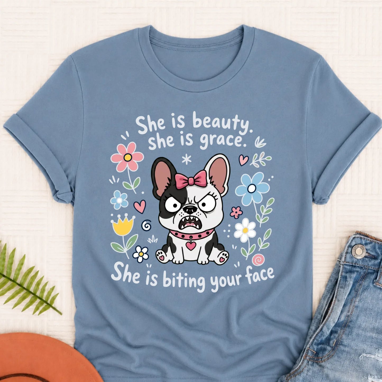 Custom Frenchie Funny Biting Your Face Unisex TShirt Blue Jean