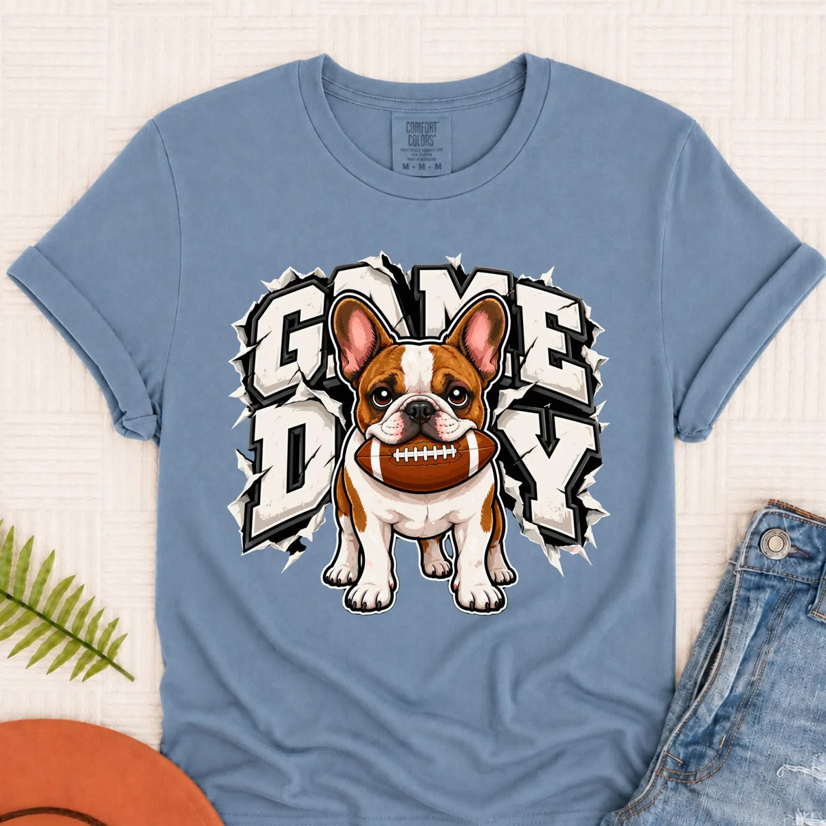 Custom Frenchie Game Day Football Unisex Tshirt Blue Jean