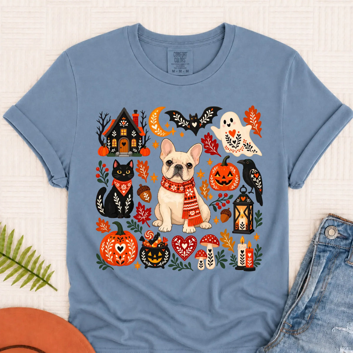 Custom Frenchie Halloween Scandinavian Unisex Tshirt Blue Jean