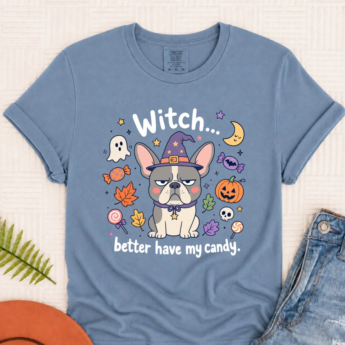 Custom Frenchie Halloween Witch Candy Unisex Tshirt Blue Jean