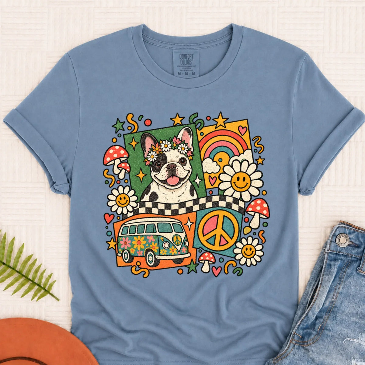 T-Shirt Blue Jean / S Custom Frenchie Hippie Mushrooms Unisex Tshirt